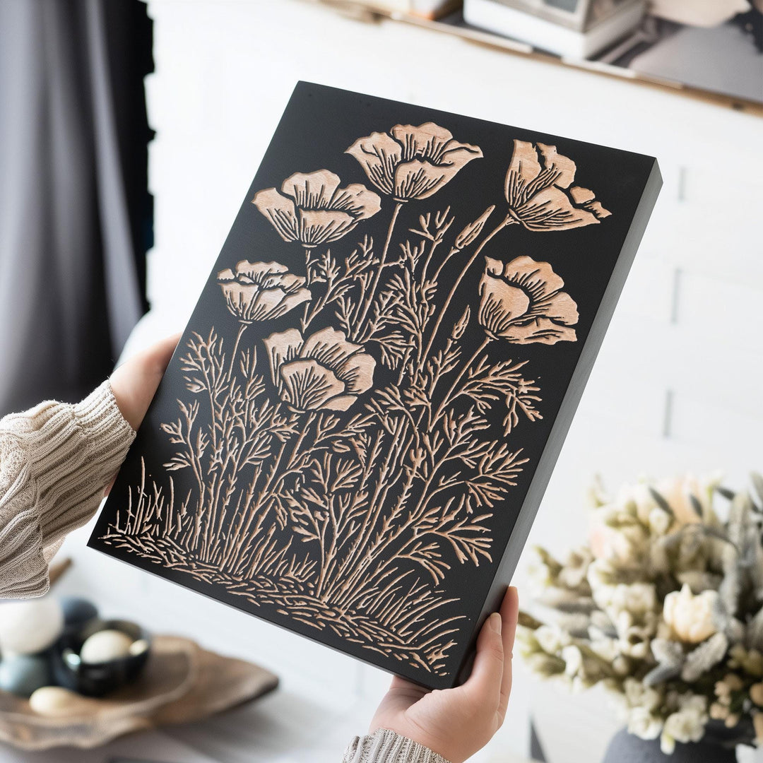 California Poppies Engraved Wood Panel