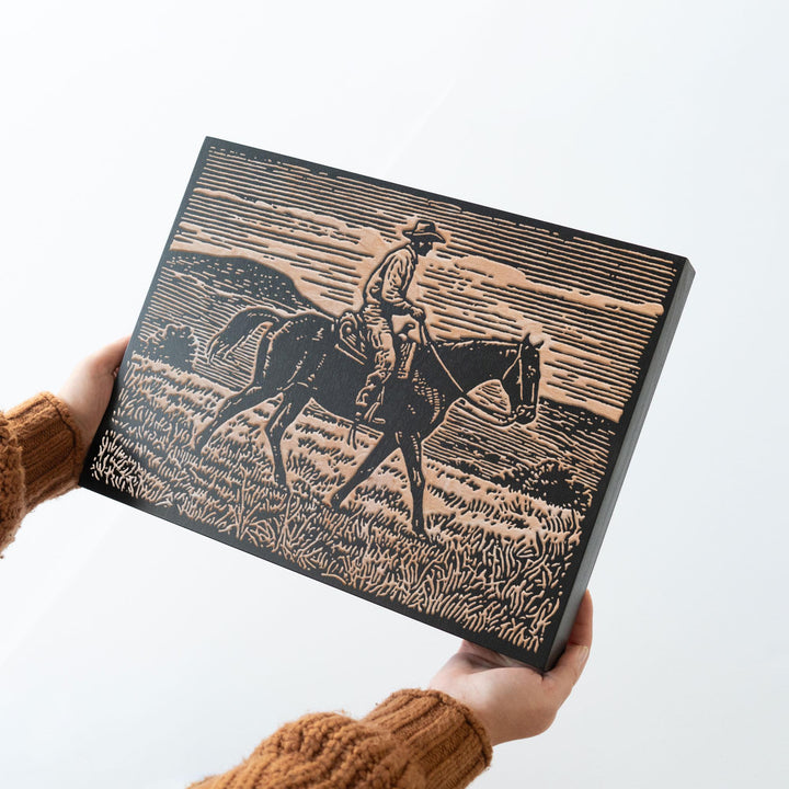 Cowboy on Horseback Engraved Wood Panel