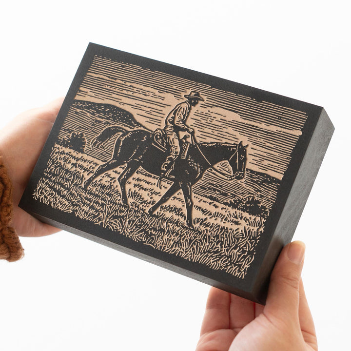 Cowboy on Horseback Engraved Wood Panel