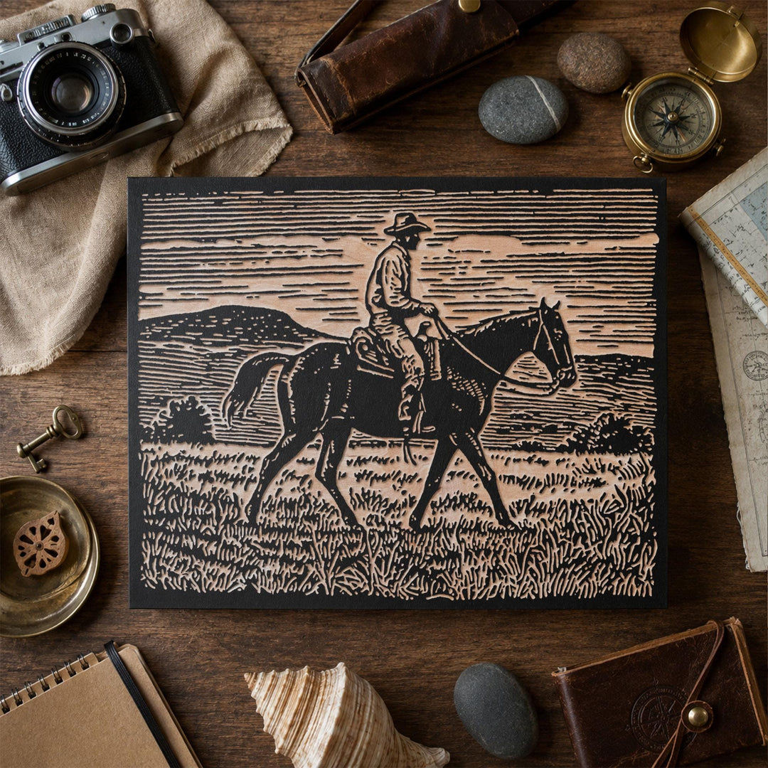 Cowboy on Horseback Engraved Wood Panel