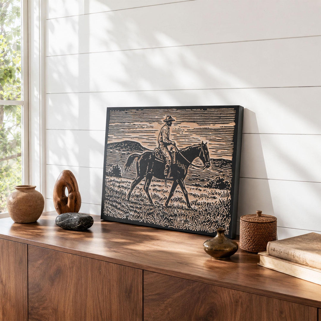 Cowboy on Horseback Engraved Wood Panel