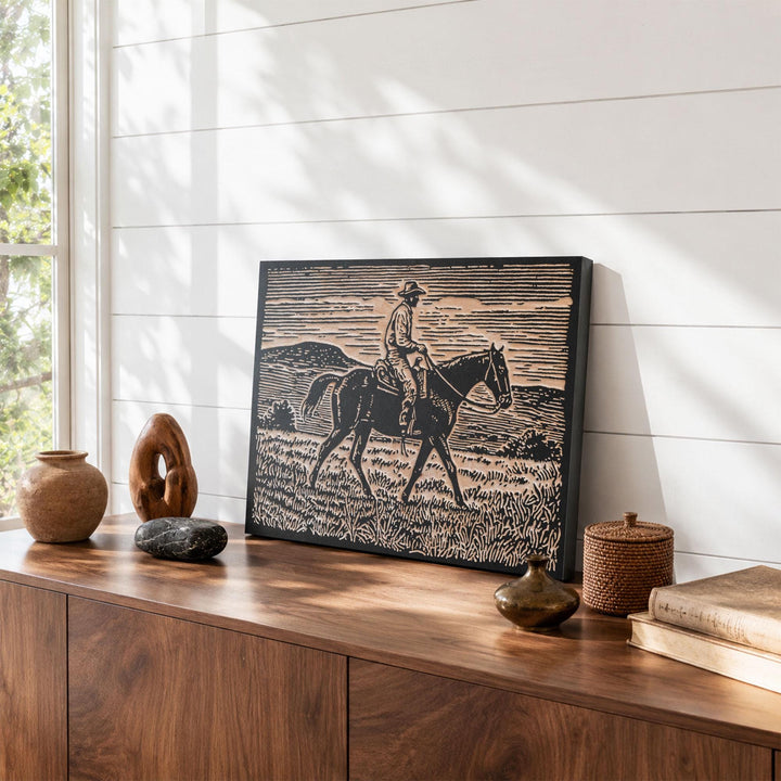 Cowboy on Horseback Engraved Wood Panel