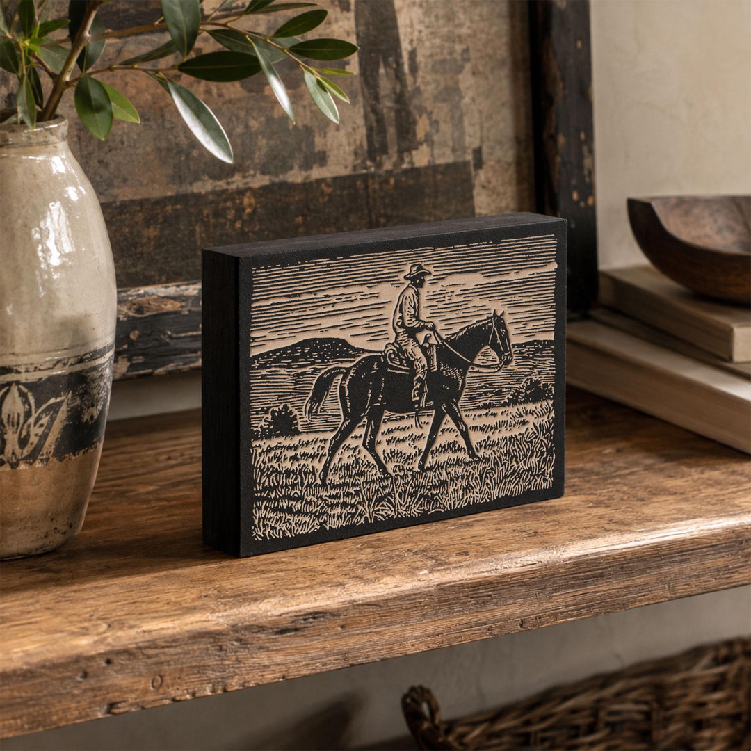 Cowboy on Horseback Engraved Wood Panel