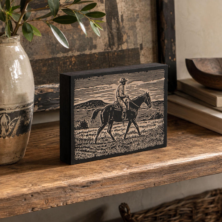 Cowboy on Horseback Engraved Wood Panel