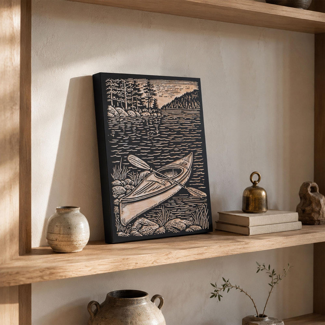 Kayak on Shoreline Engraved Wood Panel