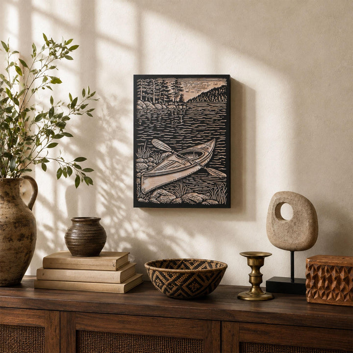 Kayak on Shoreline Engraved Wood Panel