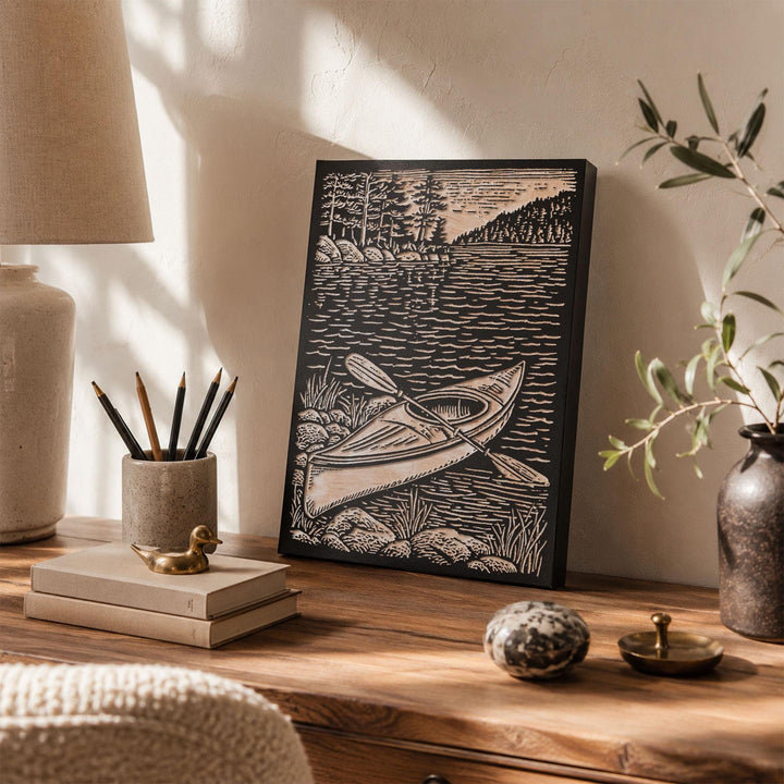 Kayak on Shoreline Engraved Wood Panel