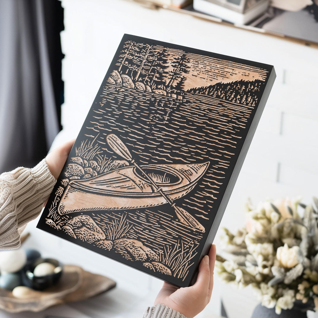 Kayak on Shoreline Engraved Wood Panel