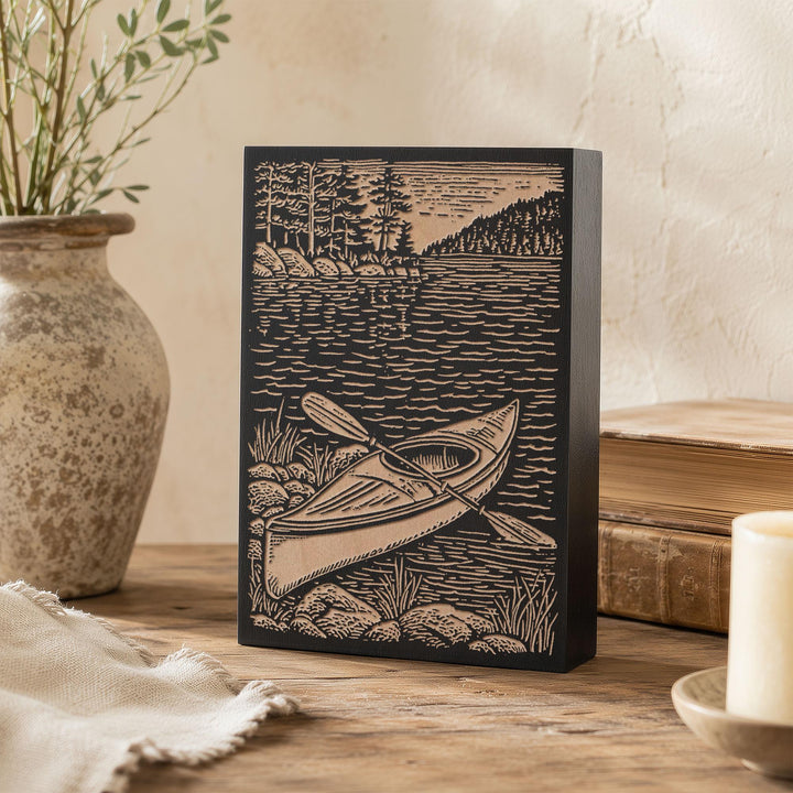 Kayak on Shoreline Engraved Wood Panel