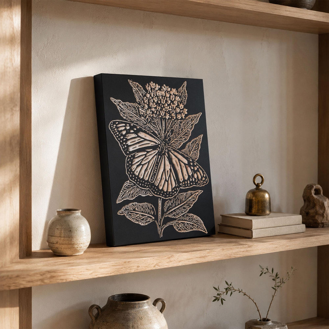 Monarch on Milkweed Engraved Wood Panel