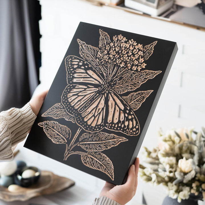 Monarch on Milkweed Engraved Wood Panel