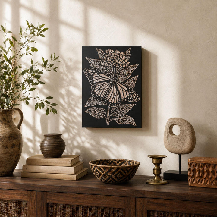 Monarch on Milkweed Engraved Wood Panel