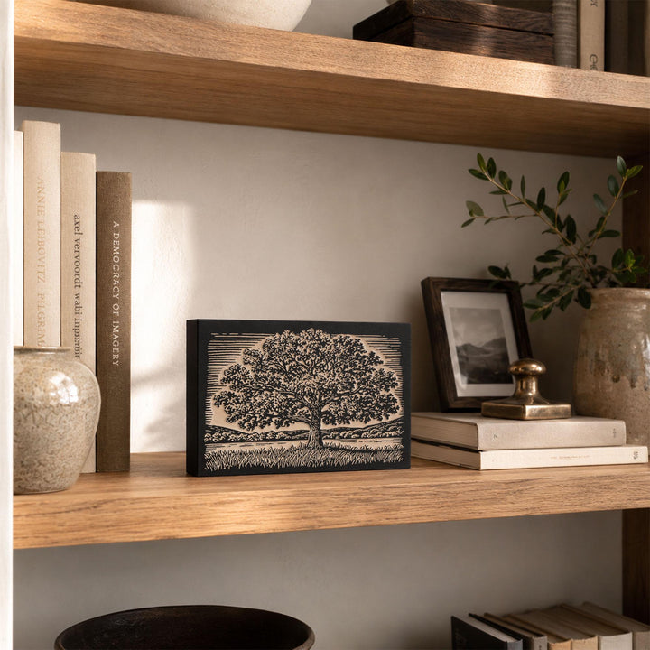Oak Tree in Field Engraved Wood Panel