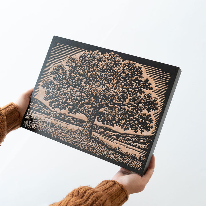 Oak Tree in Field Engraved Wood Panel