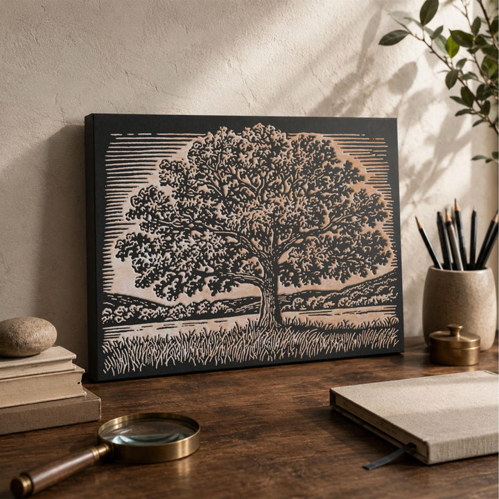 Oak Tree in Field Engraved Wood Panel