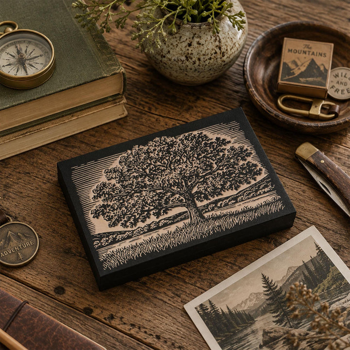 Oak Tree in Field Engraved Wood Panel