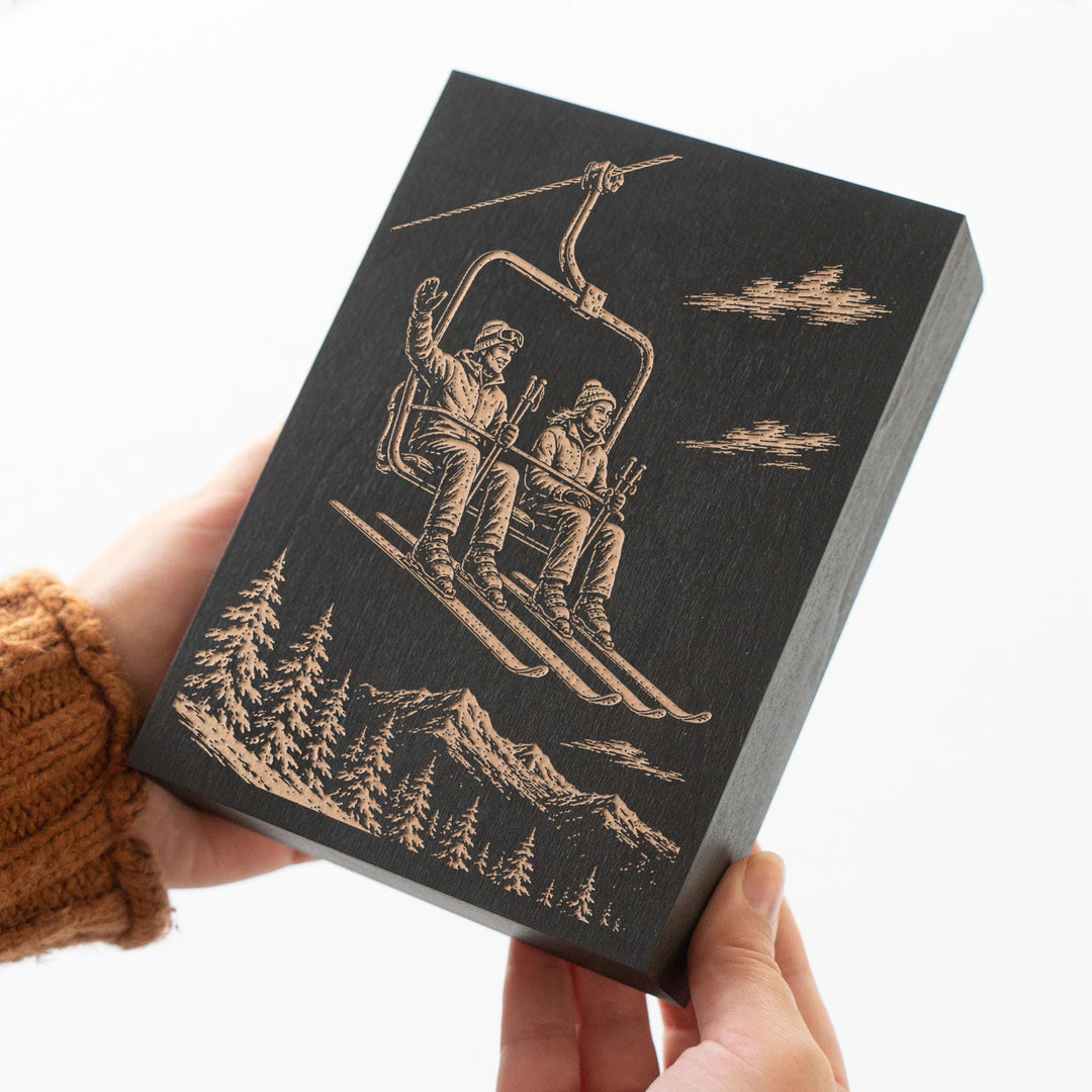 Ski Couple on Chairlift Engraved Wood Panel
