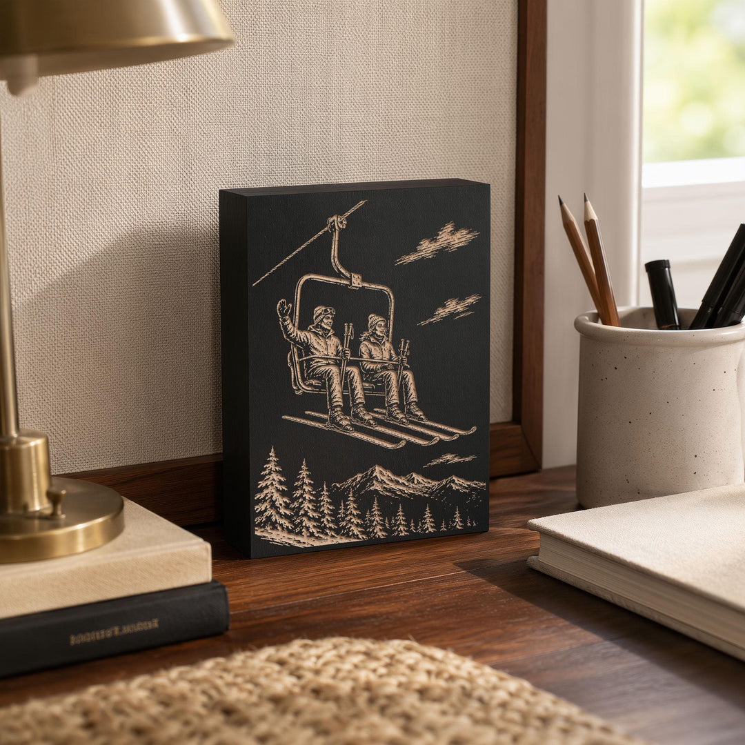 Ski Couple on Chairlift Engraved Wood Panel