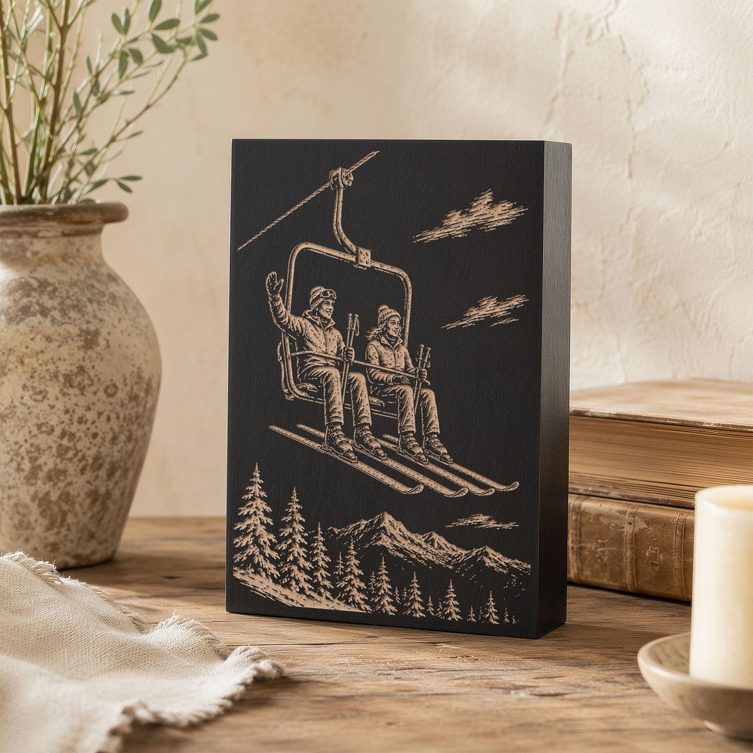 Ski Couple on Chairlift Engraved Wood Panel