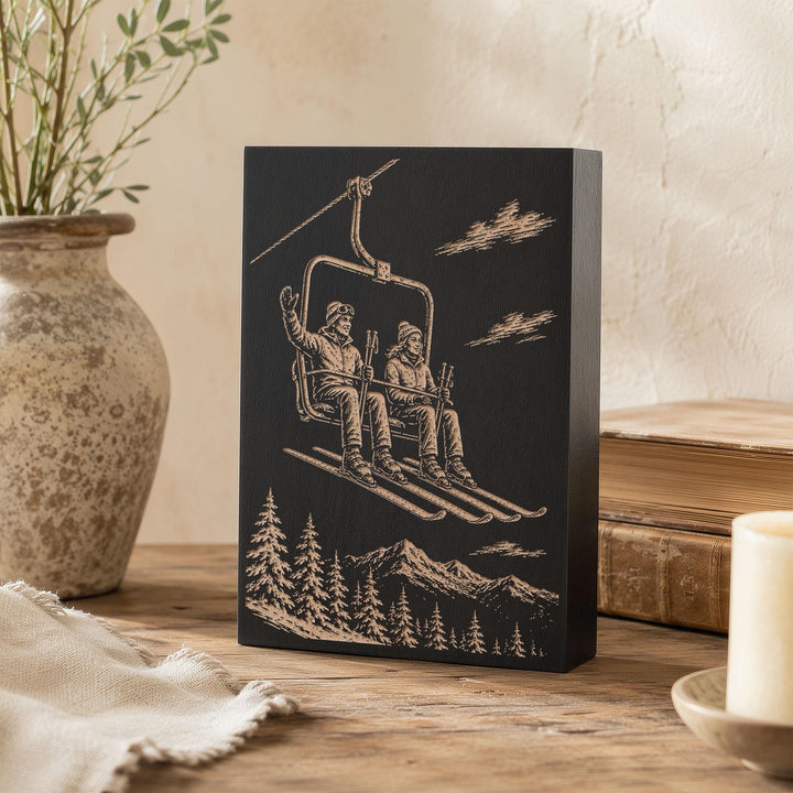 Ski Couple on Chairlift Engraved Wood Panel