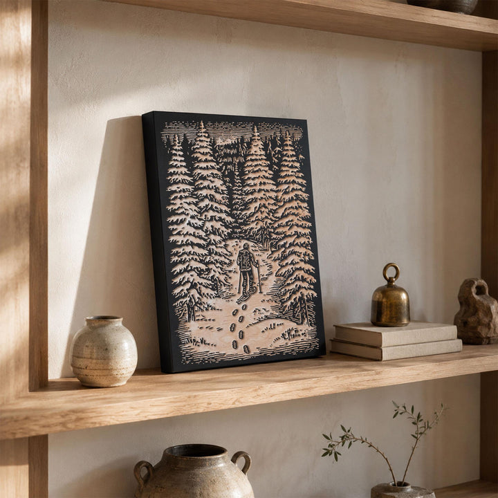 Snowshoer in Winter Woods Engraved Wood Panel