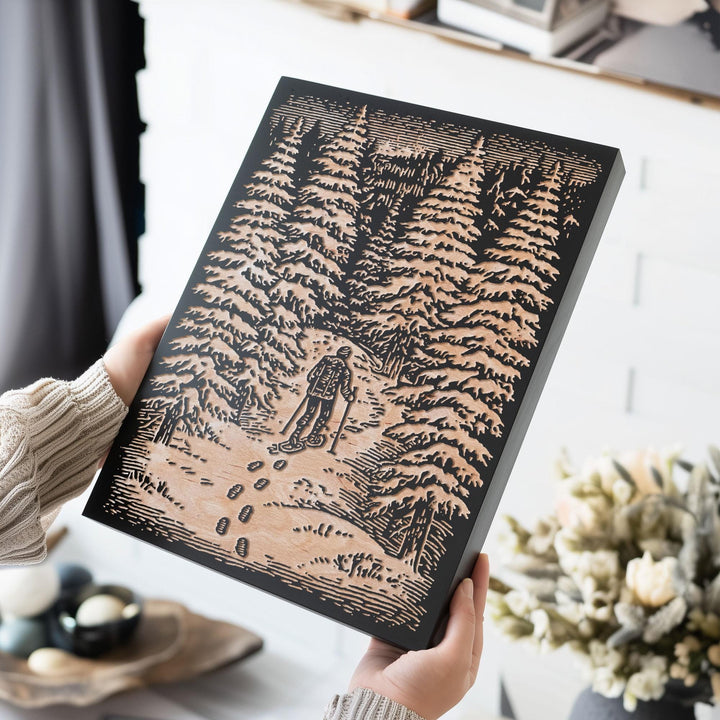 Snowshoer in Winter Woods Engraved Wood Panel