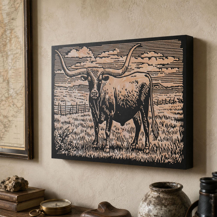 Texas Longhorn Engraved Wood Panel