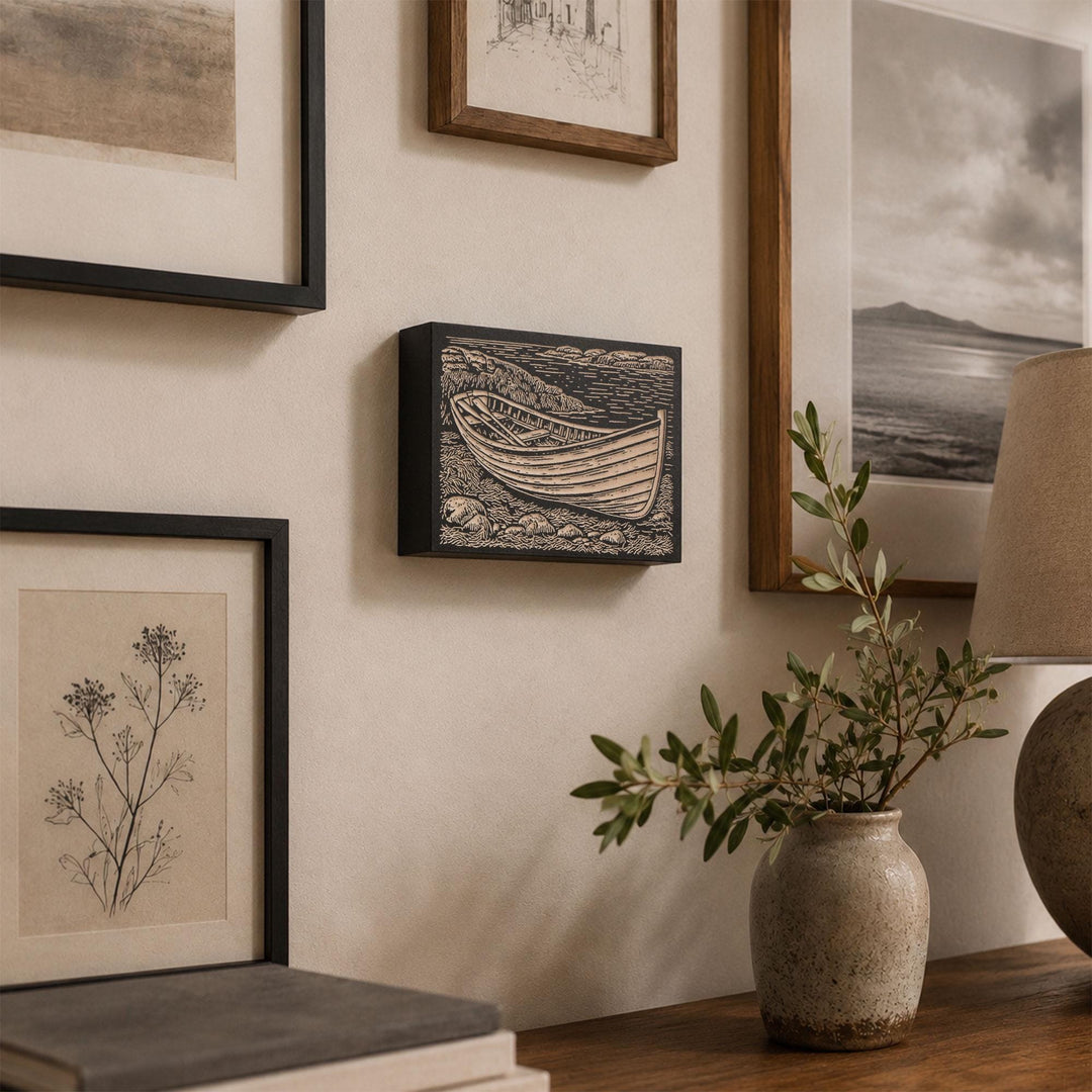 Wooden Dory on Rocky Coast Engraved Wood Panel