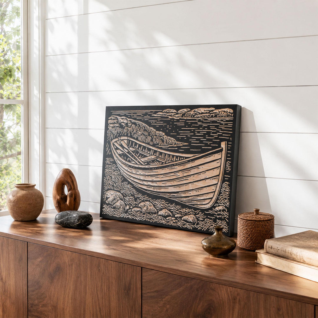 Wooden Dory on Rocky Coast Engraved Wood Panel