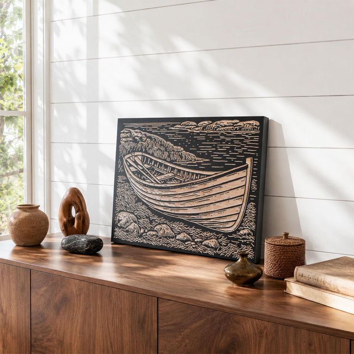 Wooden Dory on Rocky Coast Engraved Wood Panel