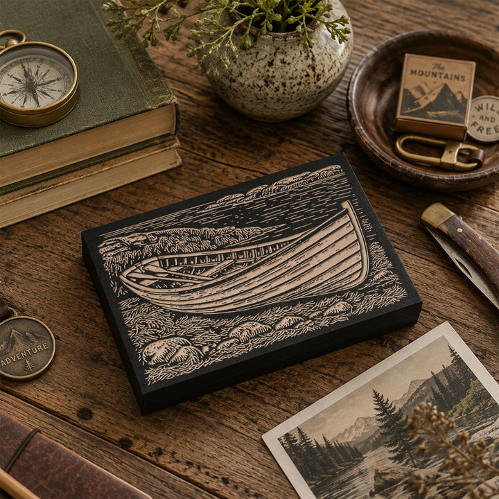 Wooden Dory on Rocky Coast Engraved Wood Panel