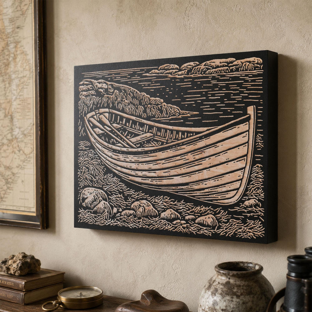 Wooden Dory on Rocky Coast Engraved Wood Panel