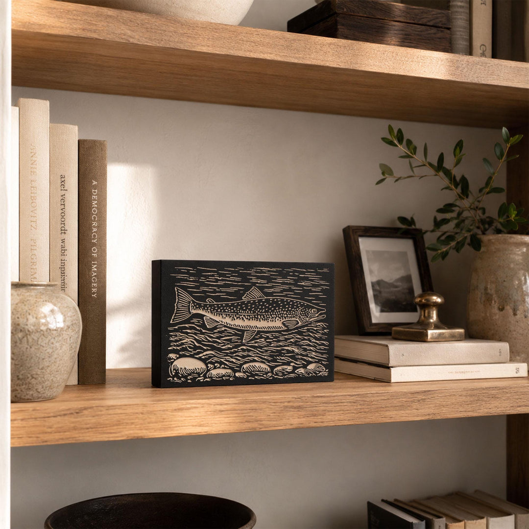 Atlantic Salmon Swimming Engraved Wood Panel