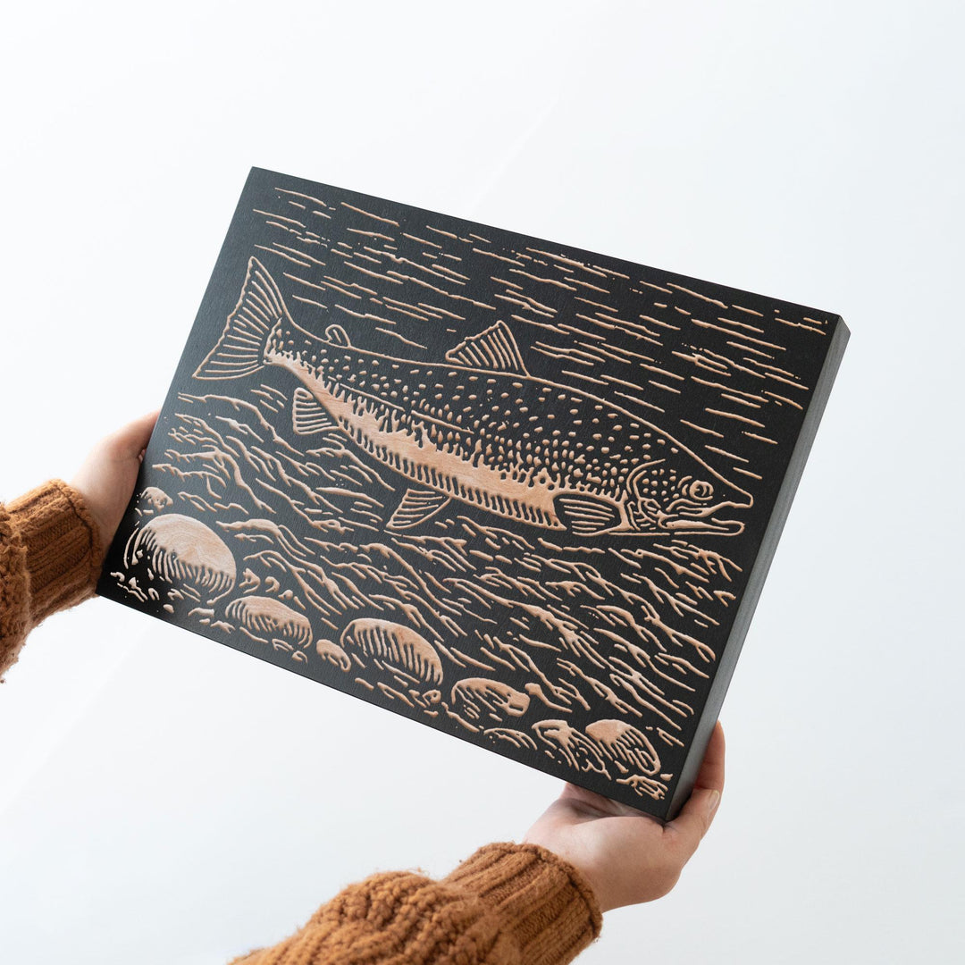 Atlantic Salmon Swimming Engraved Wood Panel