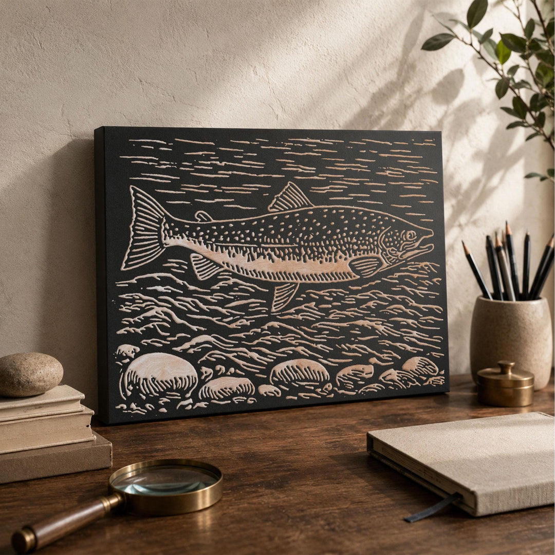 Atlantic Salmon Swimming Engraved Wood Panel