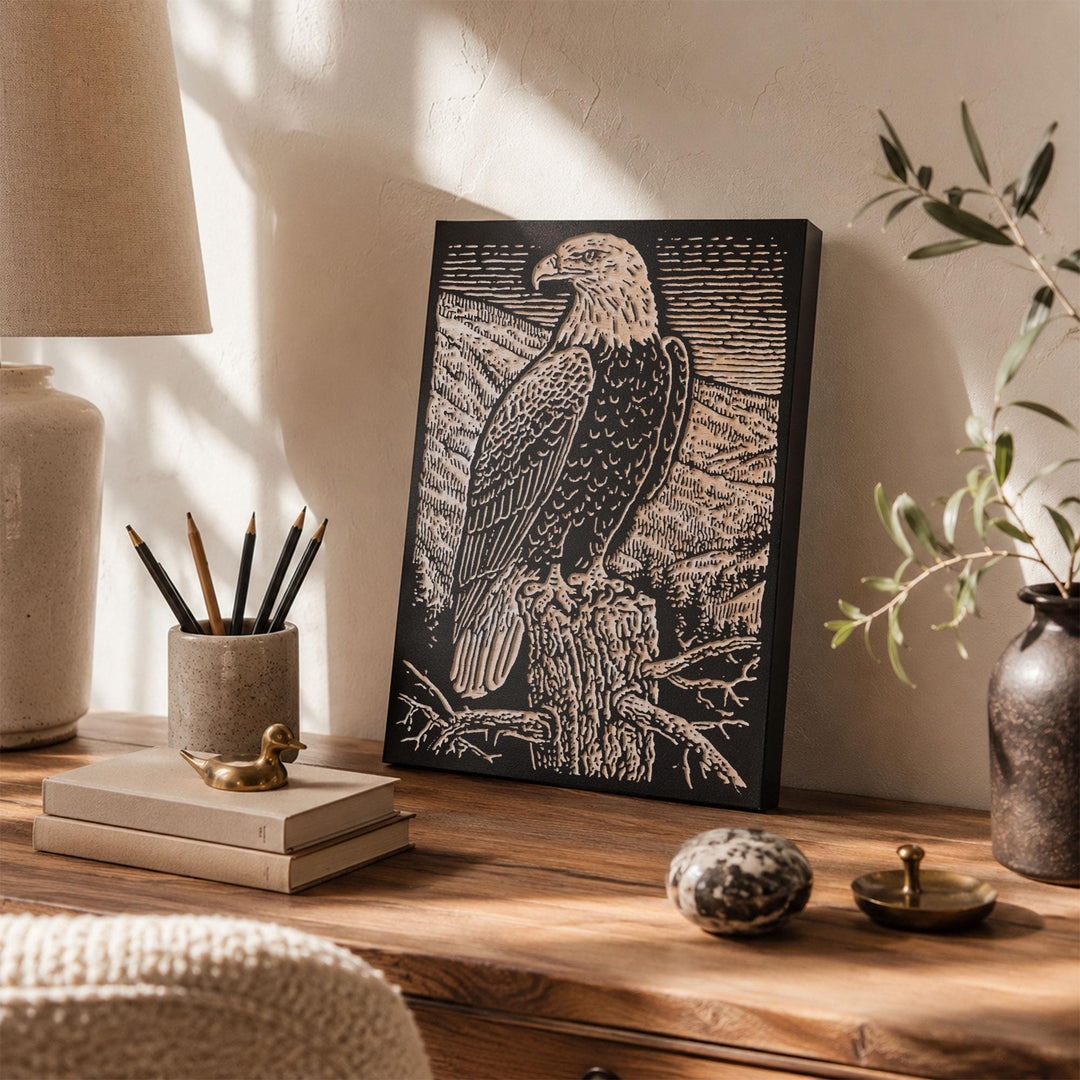 Bald Eagle on Dead Pine Engraved Wood Panel