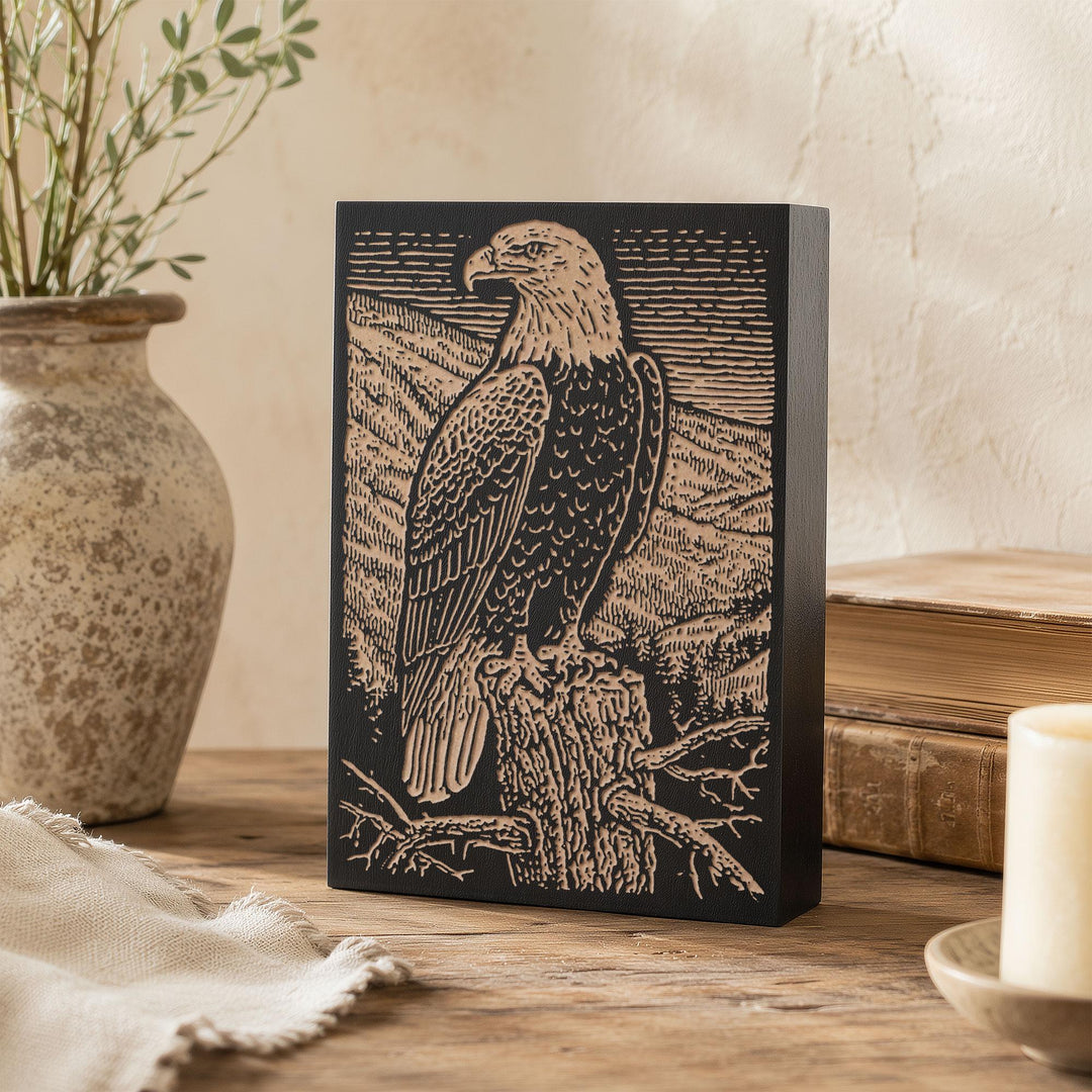Bald Eagle on Dead Pine Engraved Wood Panel