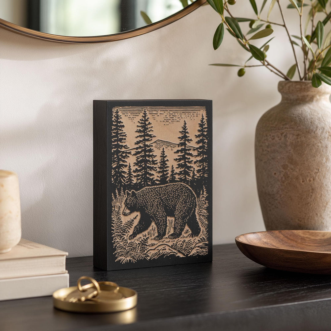 Black Bear in Pines Engraved Wood Panel