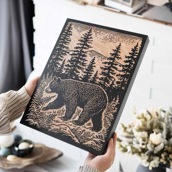 Black Bear in Pines Engraved Wood Panel