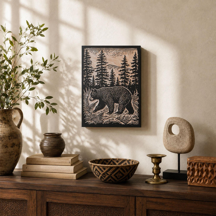 Black Bear in Pines Engraved Wood Panel