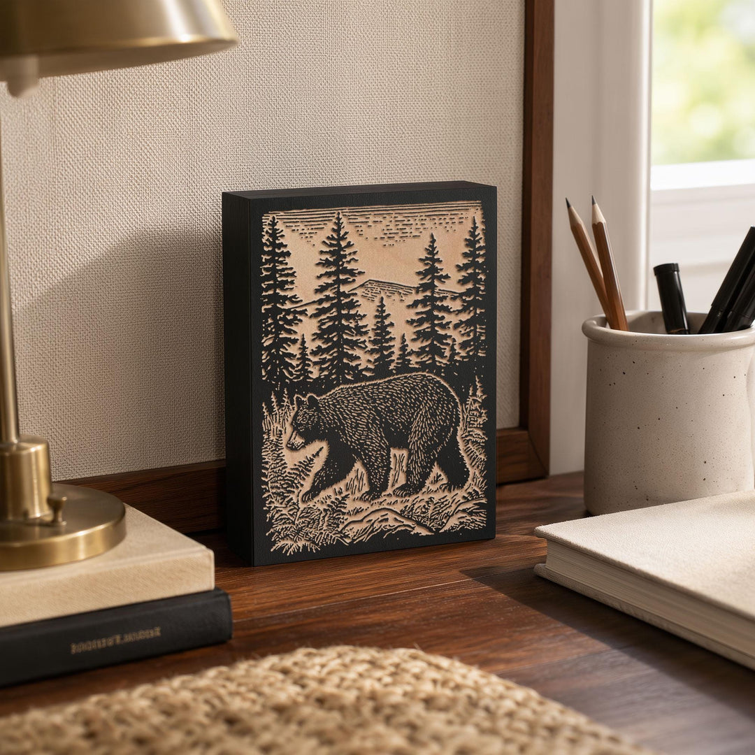 Black Bear in Pines Engraved Wood Panel
