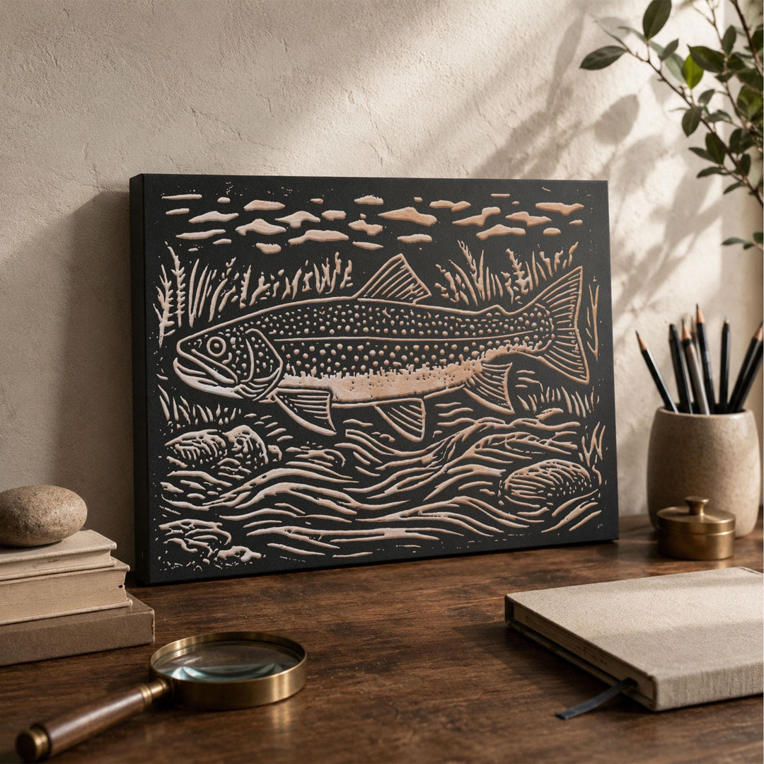 Brook Trout in River Engraved Wood Panel