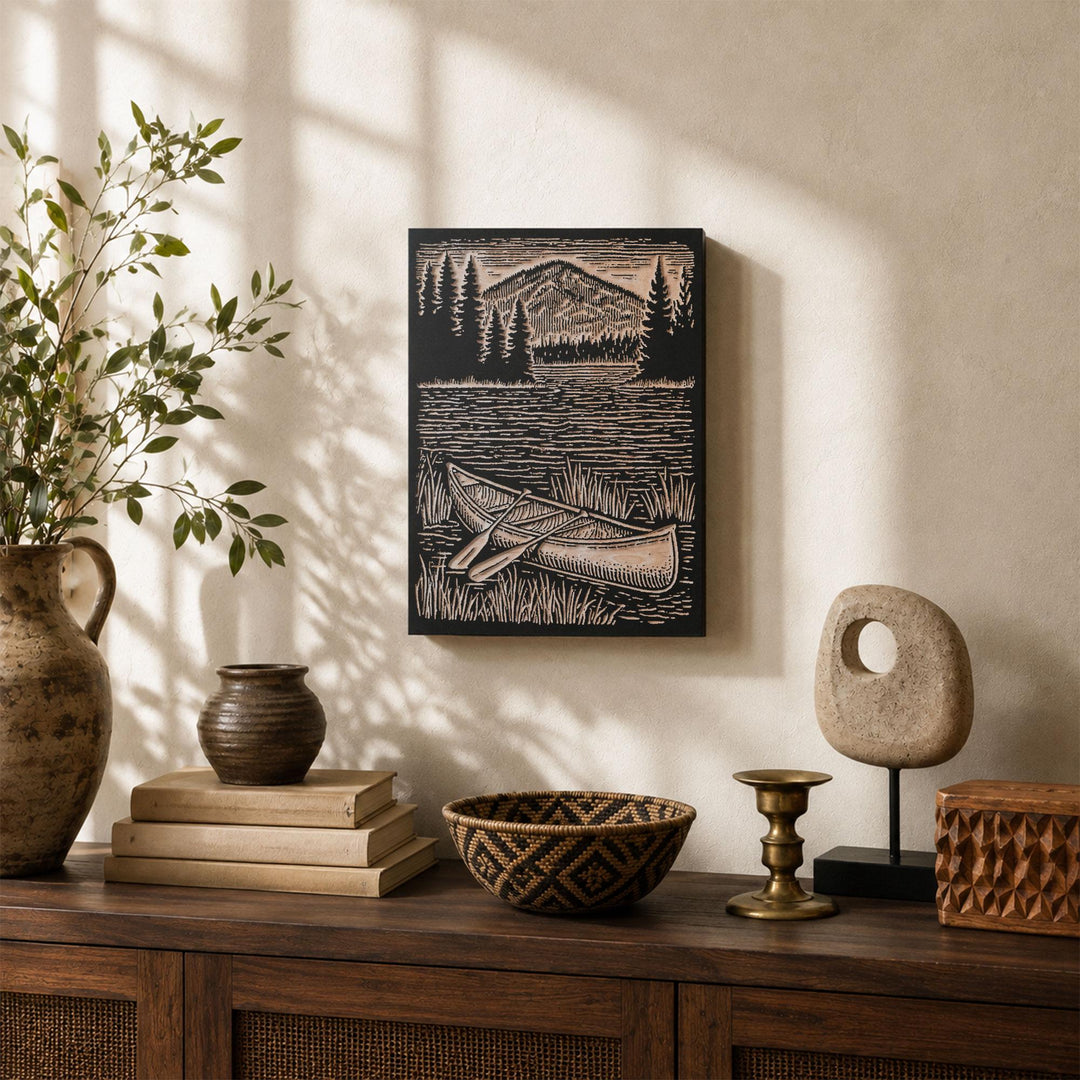 Canoe on Lake Shore Engraved Wood Panel