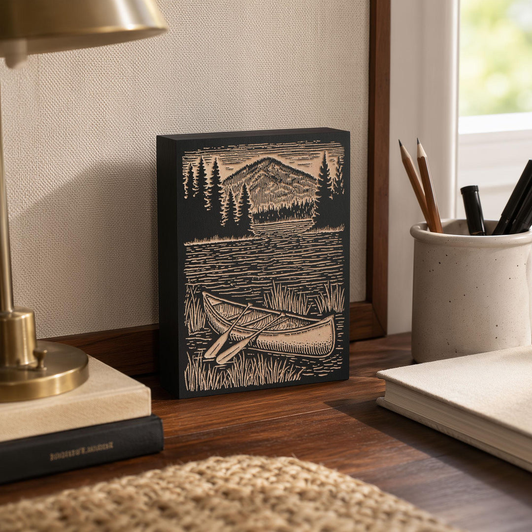 Canoe on Lake Shore Engraved Wood Panel