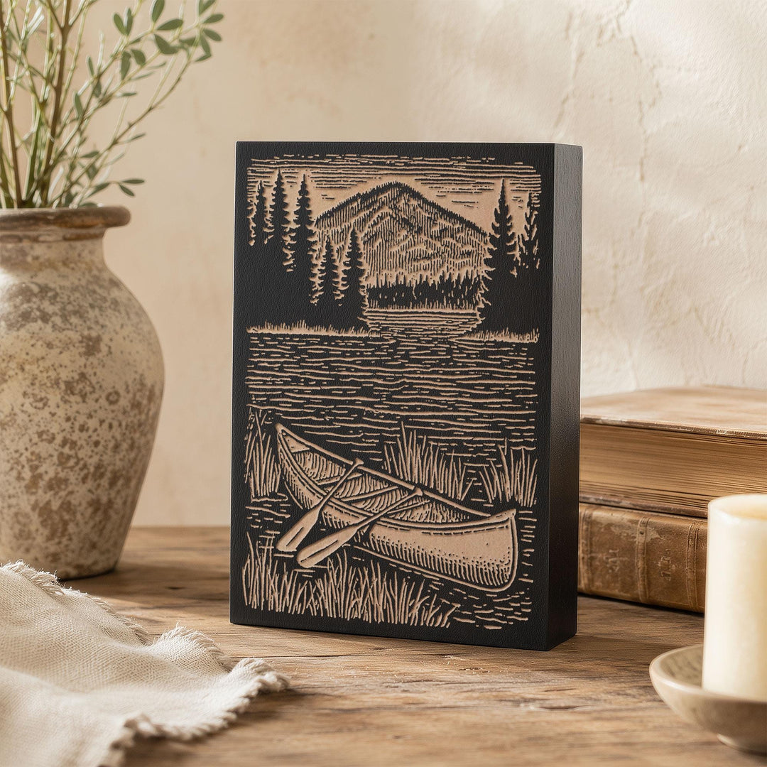 Canoe on Lake Shore Engraved Wood Panel