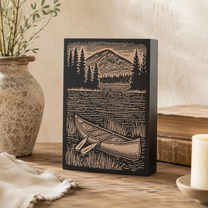 Canoe on Lake Shore Engraved Wood Panel