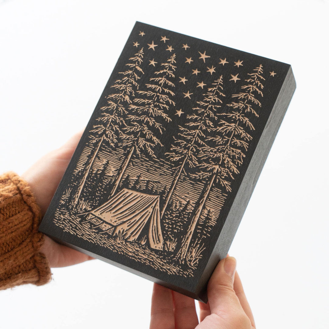 Canvas Tent Beneath Stars Engraved Wood Panel