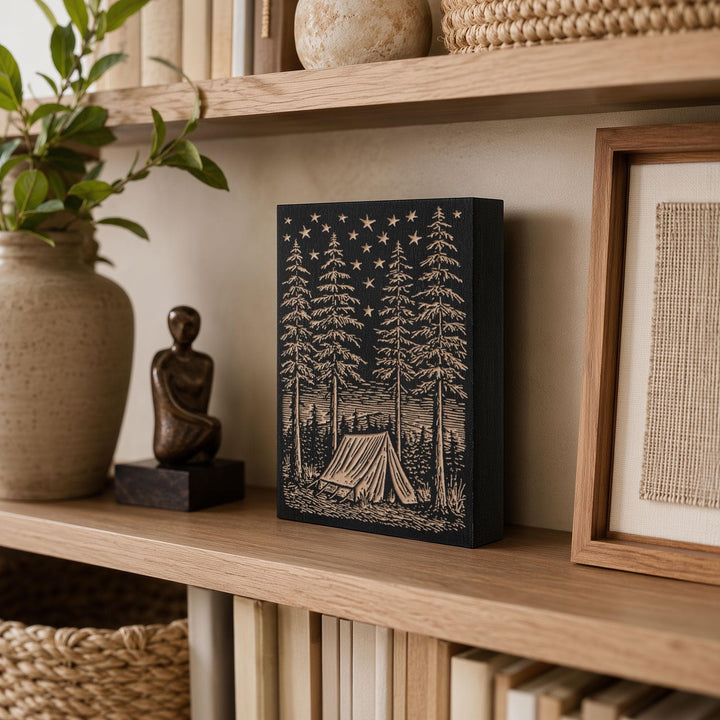 Canvas Tent Beneath Stars Engraved Wood Panel