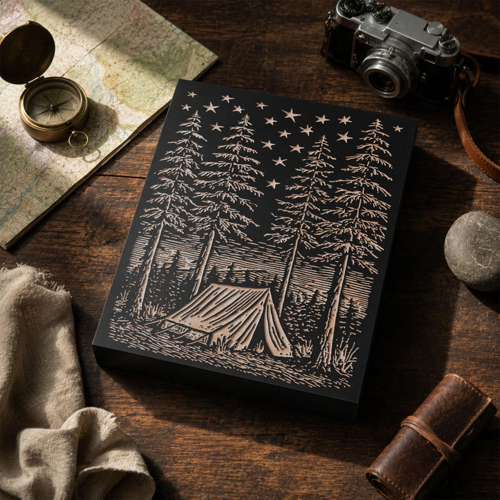 Canvas Tent Beneath Stars Engraved Wood Panel