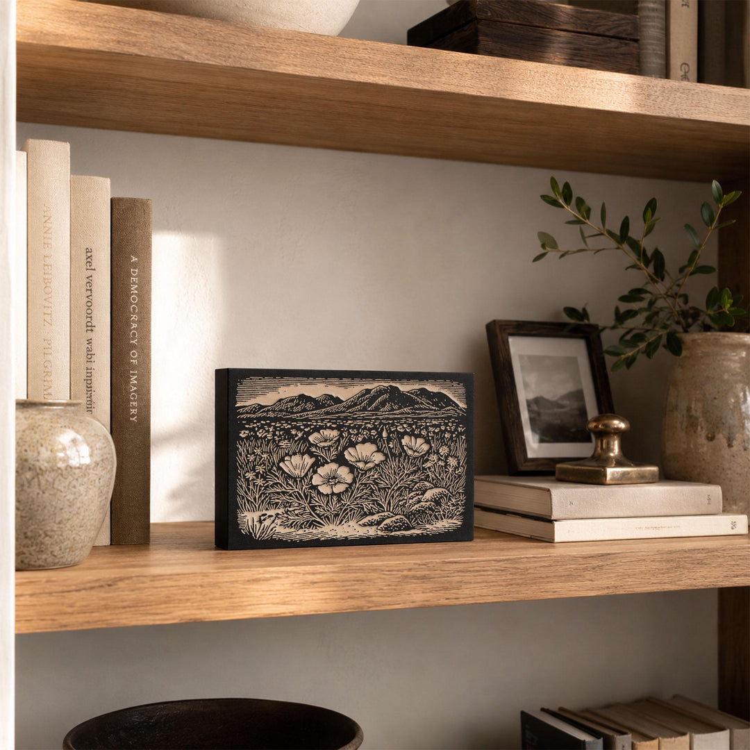 Desert Wildflowers and Poppies Engraved Wood Panel